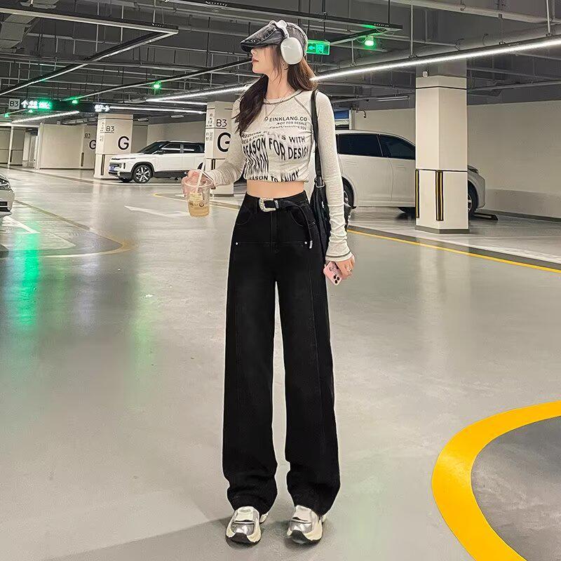 

Женские джинсы премиум-класса для миниатюрных женщин черного/серого цвета, широкие от бедра, стройнящие, прямые - осенне-зимние, в пол M чёрный/серый