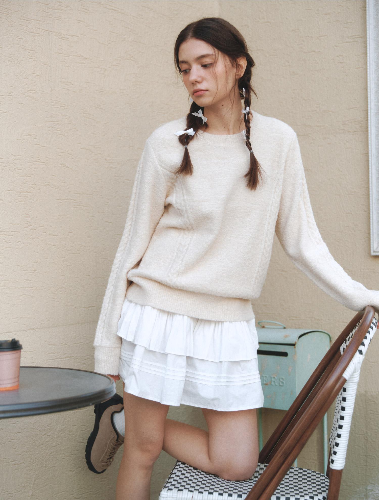 Cluny Boucle Cable Long Sleeve Knit - Beige Beige/Free