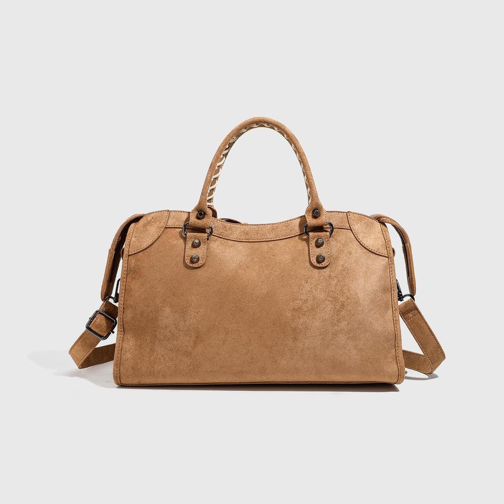 2026 Retro Distressed Suede Motorcycle Crossbody Bag with Rivets - Large Capacity & Soft Texture