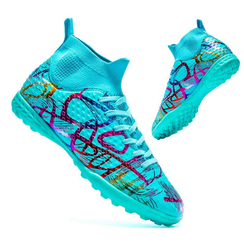 Football Shoes High Top 2 New Fly-woven Breathable Boys' Sneakers Camouflage Broken Nails Children's Football Shoes