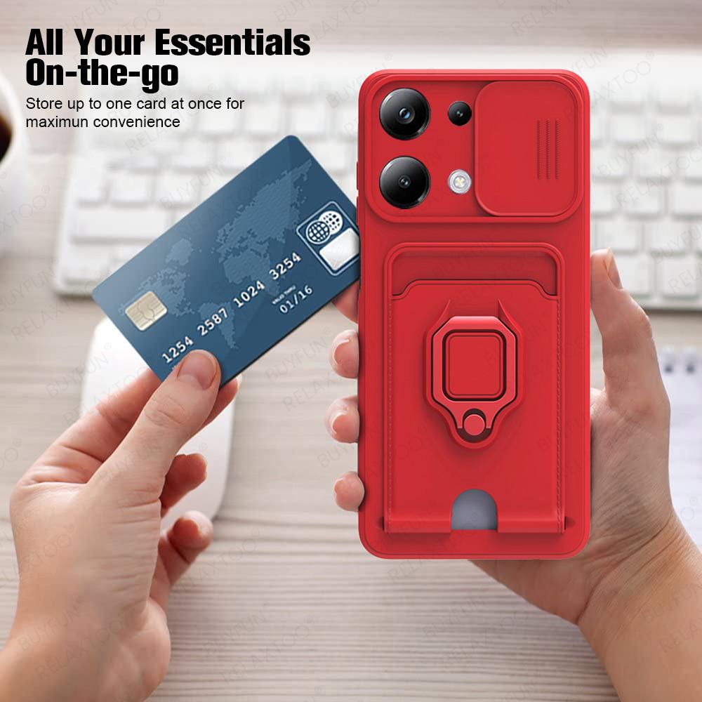Slide Camera Lens Protection Case For Xiaomi Poco M6 Pro 4G Card Slot Stand Holder Magnetic Cover Coque PocoM6Pro Little M6Pro