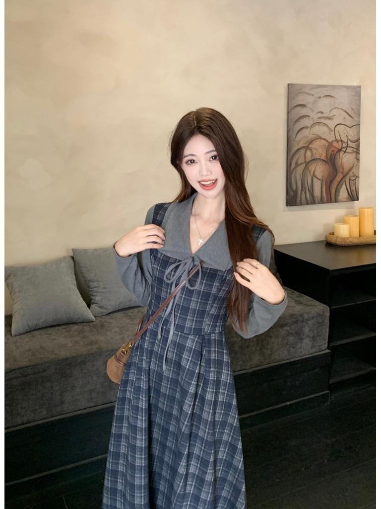 Plus Size Plaid Two-Piece Look Dress - Spring 2026 Slimming Long-Sleeved Waist-Cinched Skirt for Women