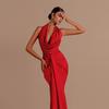 Women Sexy Backless Halter Neck Solid Satin High Waist Long Evening Dress
