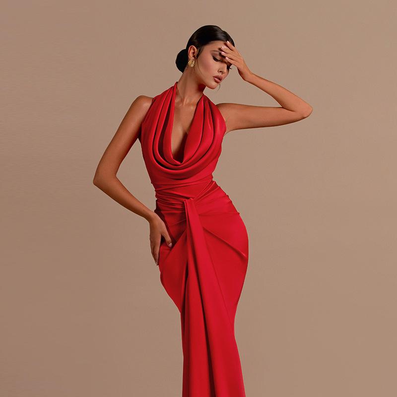 Women Sexy Backless Halter Neck Solid Satin High Waist Long Evening Dress