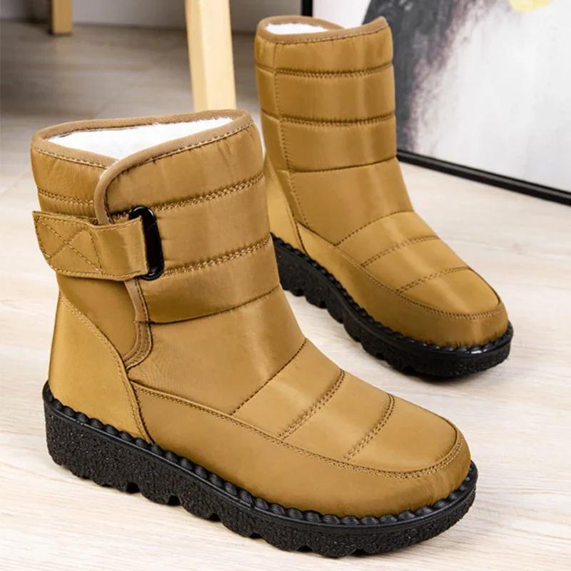 Fashion Snow Boots for Women's Thicken Plush Cotton Boots Winter Thick Platform Waterproof Warm Booties Hook Loop Plus Size Ladies Shoes