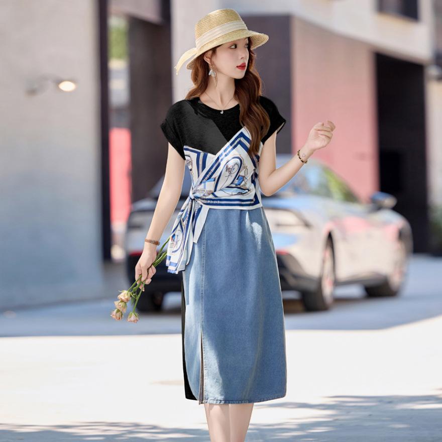 

Летнее новое модное персонализированное платье-обманка из двух частей с круглым вырезом и разрезом, джинсовый принт в стиле пэчворк 2XL