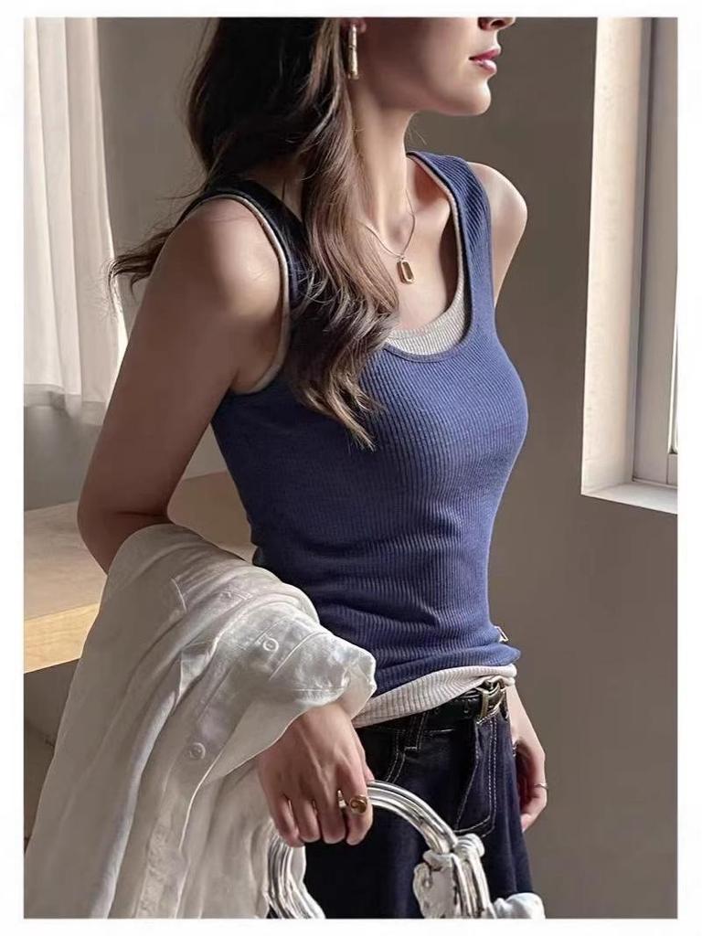 Women's Spring/Summer Color-Block Two-Piece Camisole - Retro Korean Style
