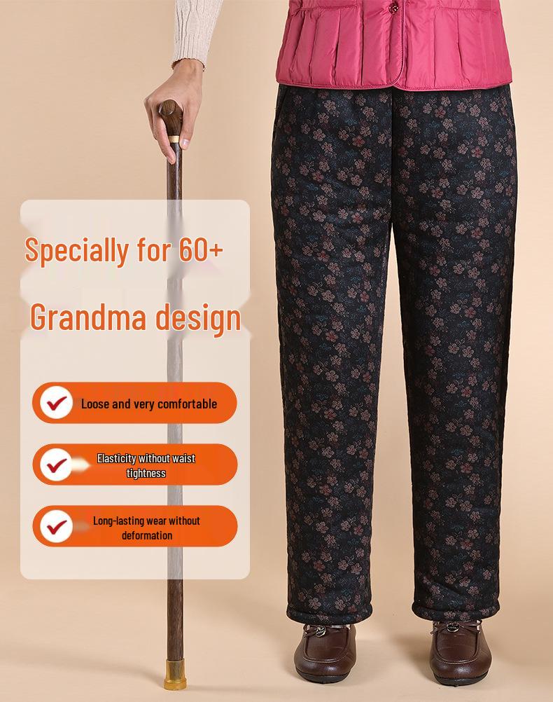 Grandma's Warm Cotton Fleece Pants: Cozy, Loose-Fitting Floral Design for Middle-Aged and Elderly, Ideal for Autumn and Winter Wear.
