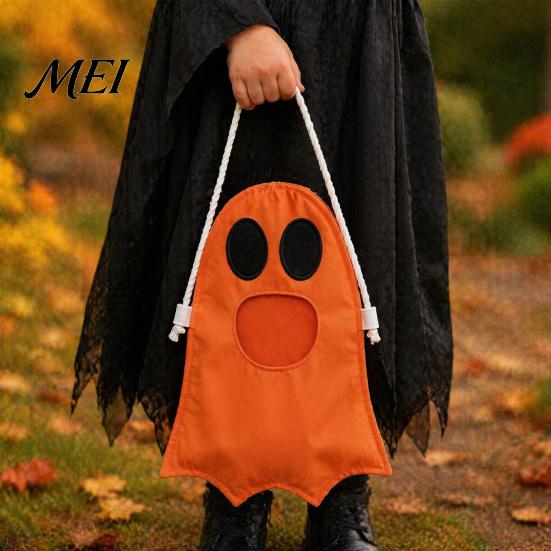 Trick or Treat Bucket Halloween Ghost Candy Bag for Kids, Cute Fabric Party Favor Sack Tote with Handle, Spooky Snack Goodie Bags Supplies Storage