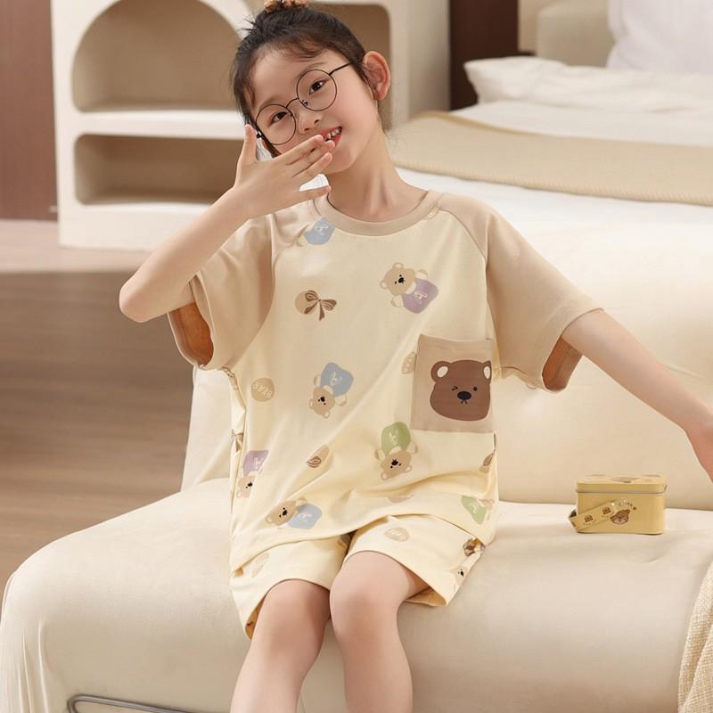 Girls Cotton Pajama Set Short Sleeve Cartoon Print Lightweight Sleepwear Ages 8