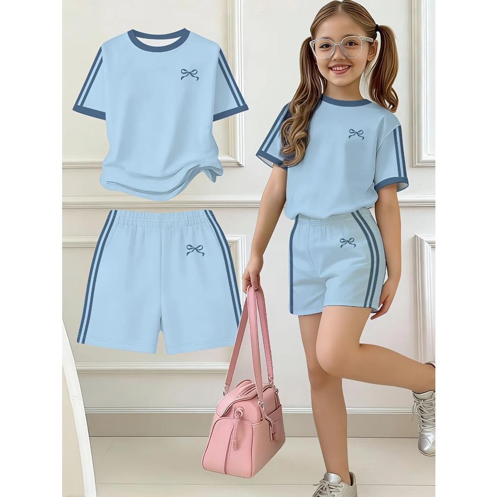 Kids Clothes, Girls 2pcs Set, Easy Bow Print Short Sleeve T-Shirt and Shorts Set, Suitable for Spring and Summer, Y2K Fashion Clothing