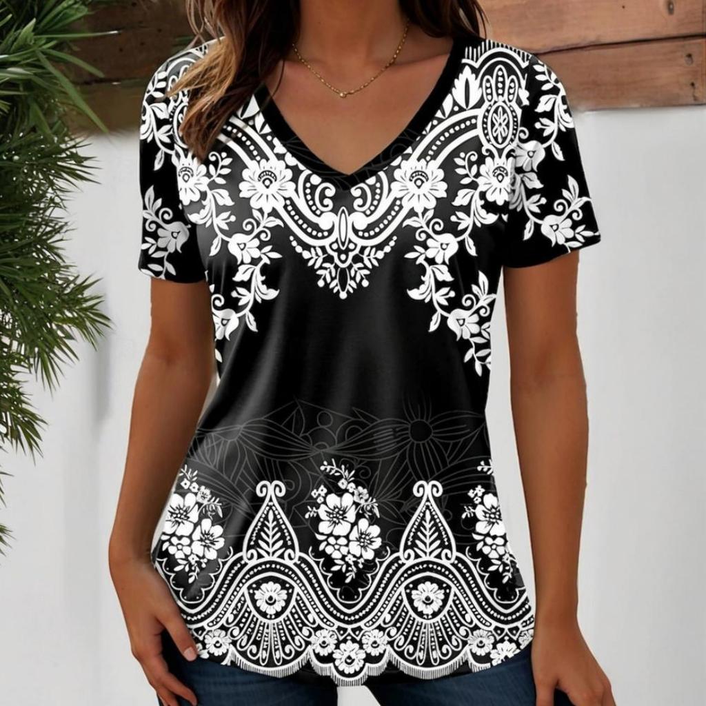 Harajuku Wind Ladies V-neck T-shirt Summer Outdoor Casual Short Sleeve Tops Retro Street Flower Print OverSize Women's Clothing