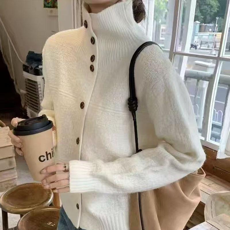 Women's Winter Korean High Neck Wool Sweater Coat - Casual, Warm, Single-Breasted, Loose Fit.