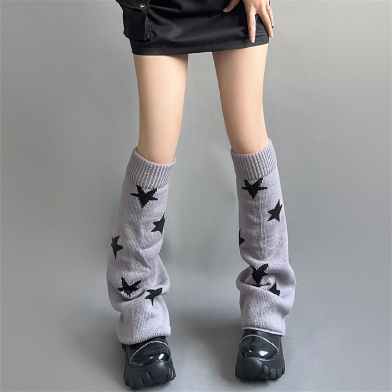 Girls Lolitas Leg Warmers Y2K Star Knitted Flared Leg Sleeves Goth Baggy Cuff Ankle Heap Socks JK Uniform Foot Cover