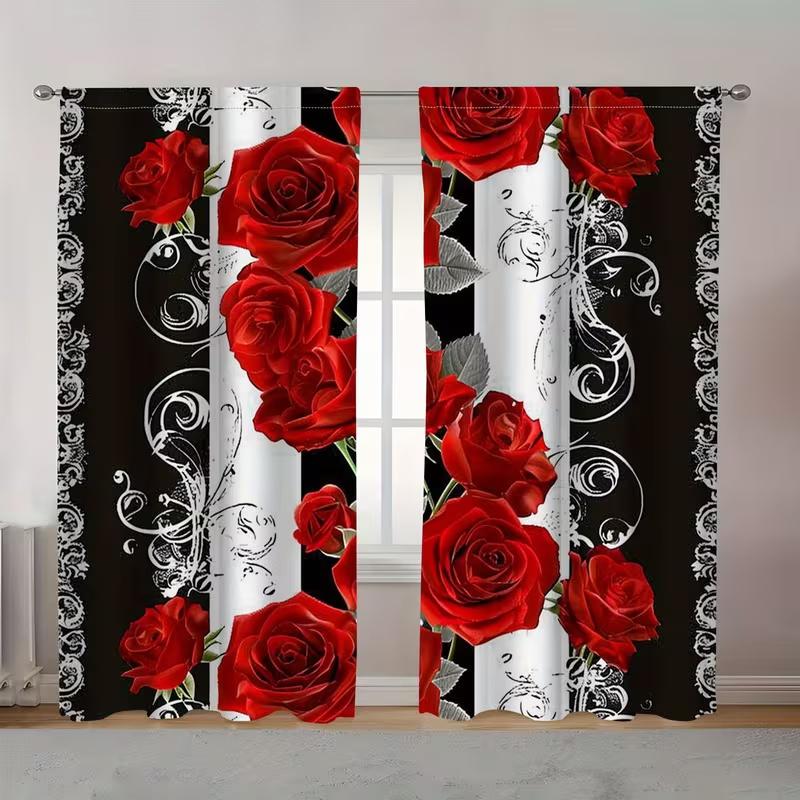 2 Pcs Red Flower Stripes Print Curtains,suitable for Bedroom,living Room Kitchen Decoration,home Decoration,window Decoration