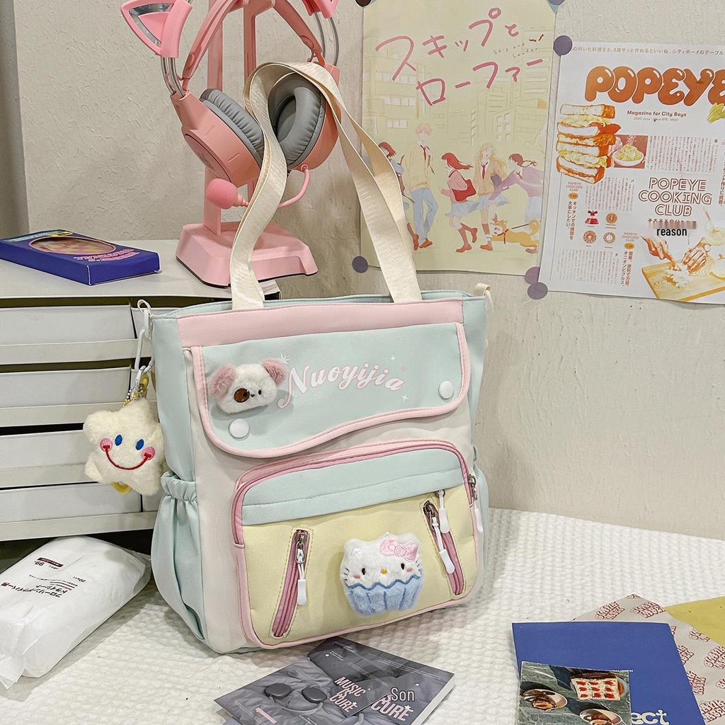 Japanese-Style Color-Block Tote Bag for Students: Lightweight, Large Capacity, Single-Shoulder Design