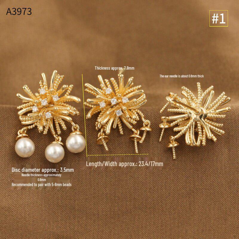 Copper-Plated Gold Diamond Floral Firework Irregular Round Half-Hole Ear Studs – High Luxury Design DIY Jewelry.
