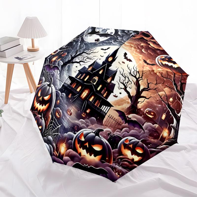 1pc Halloween Haunted Castle Auto Folding Umbrella, Sturdy And Durable Automatic Folding Umbrella with 8 Ribs, Convenient for Outdoor Use139