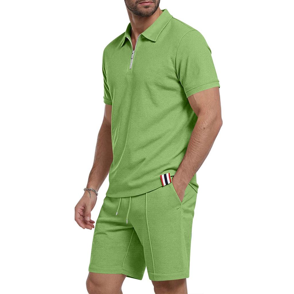 Men's Summer Breathable Waffle Knit Casual Loose Fit Two Piece Set Short Sleeve Polo Shirt with Zipper and Matching Shorts
