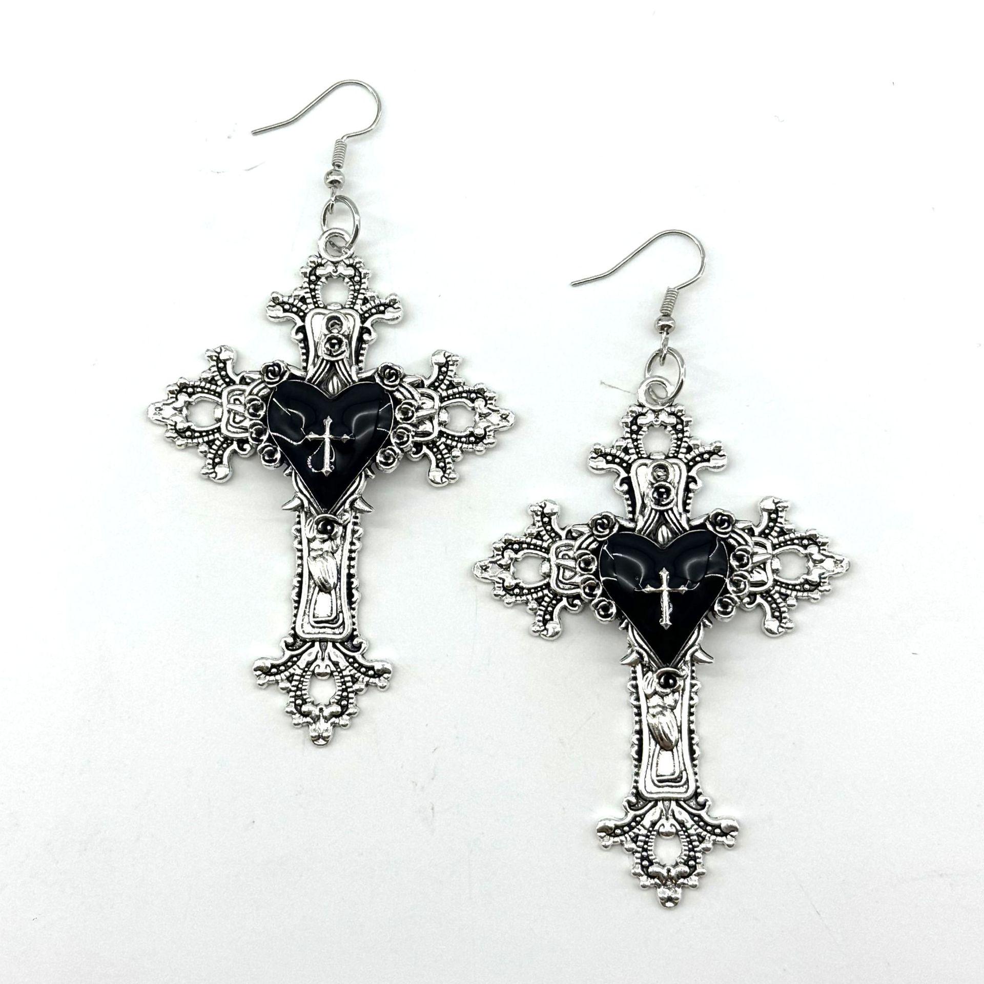 Gothic Rose Cross Heart Earrings with Black Beaded Bow and Thorn Design