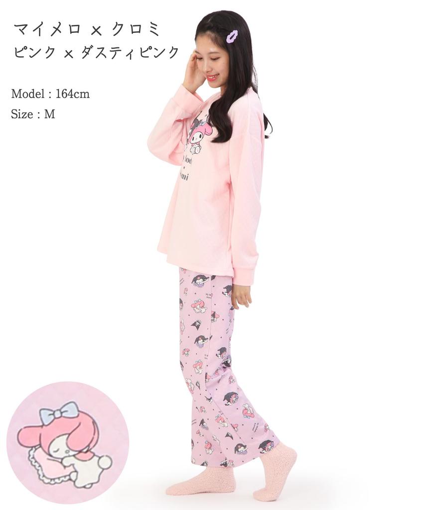 SAZAC My Melody Kuromi Pajamas for Dreamy My Melody x Long Open Knit Quilt Top and Bottoms Loungewear Women, Kuromi, Sleeve, Front, Autumn/Winter Set,