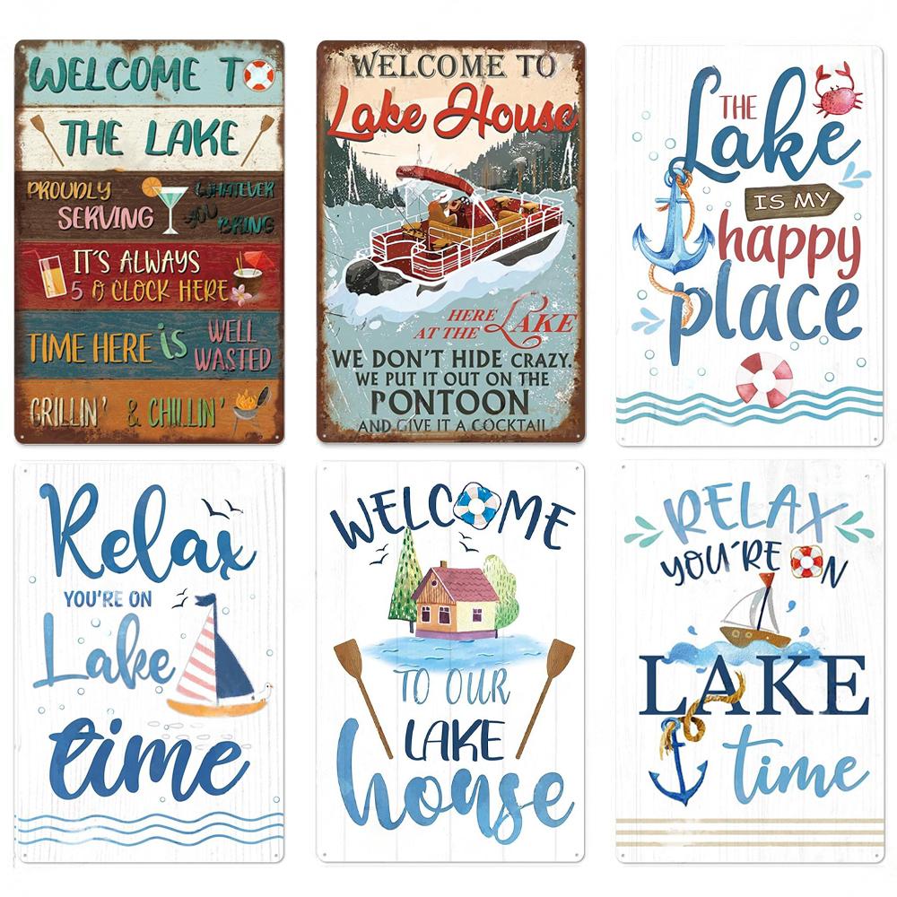Lake House Posters Vintage Metal Tin Signs Decor Rustic Plaque Metal Plate Wall Art Decor for Living Room