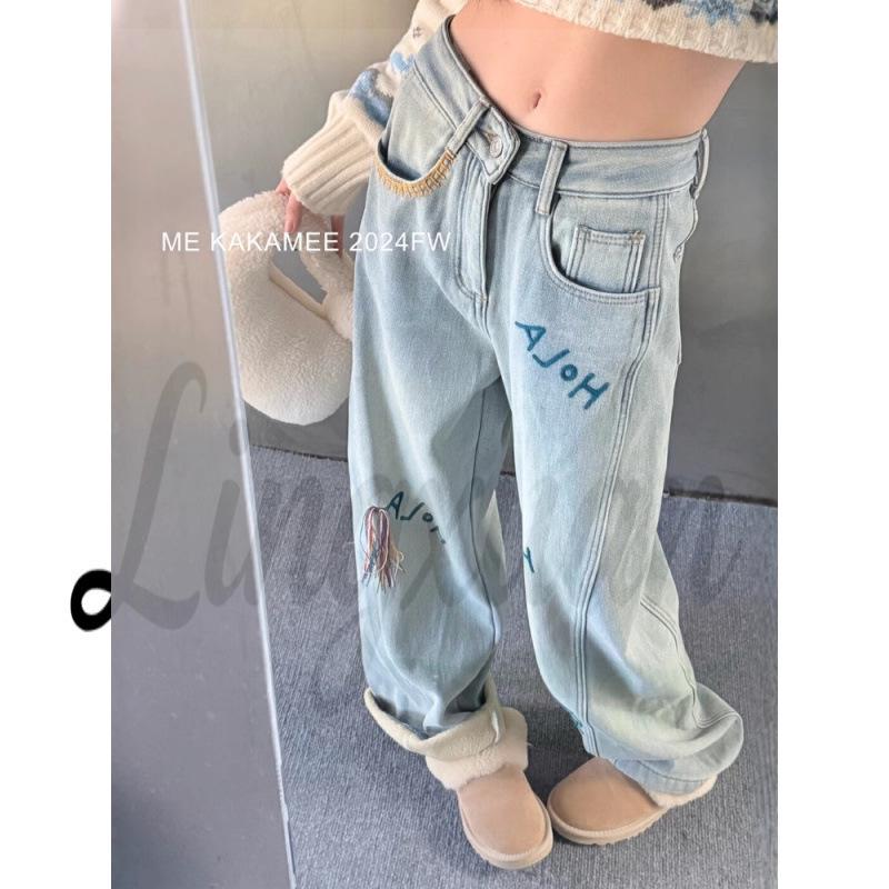 

Unisex Trendy Korean Winter Fleece-Lined Embroidered 3D Denim Pants XL