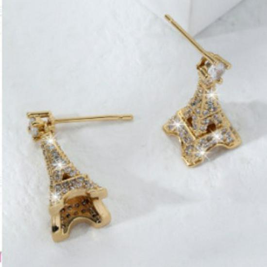 Three-Dimensional Eiffel Tower Zircon Drop Earrings - Light Luxury Jewelry for Women