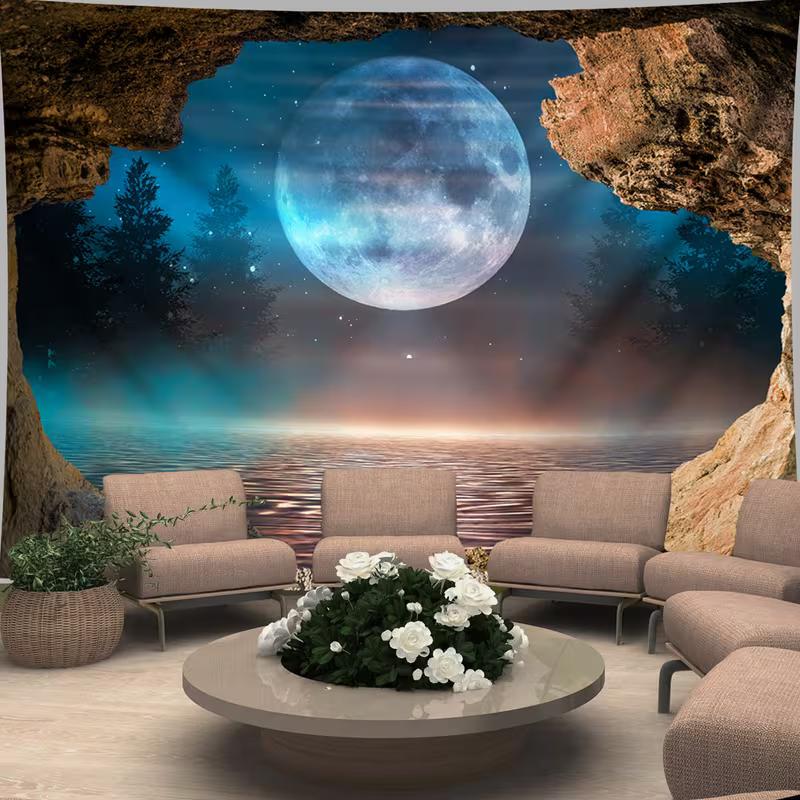 2D Moonlight Cave Lake Tapestry Full Blue Moon Nature Wall Art