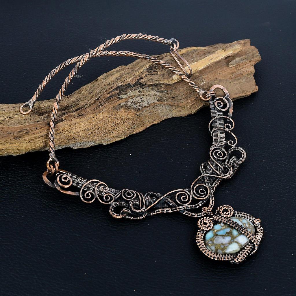 Copper Larimar 999 Copper Wire Wrapped Necklace Necklace with Adjustable Chain, Handmade Gemstone Jewelry Necklace For Thanksgiving