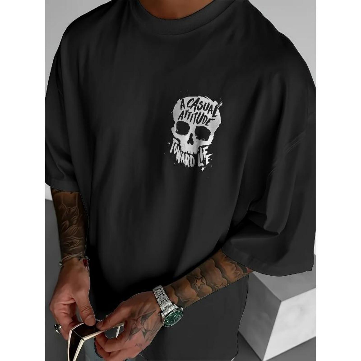 

European Sizes Men s Casual Streetwear T-Shirt with Skull Graphic Print - Loose Fit Round Neck Summer Tee, Breathable Fabric for Casual Attire S чёрный