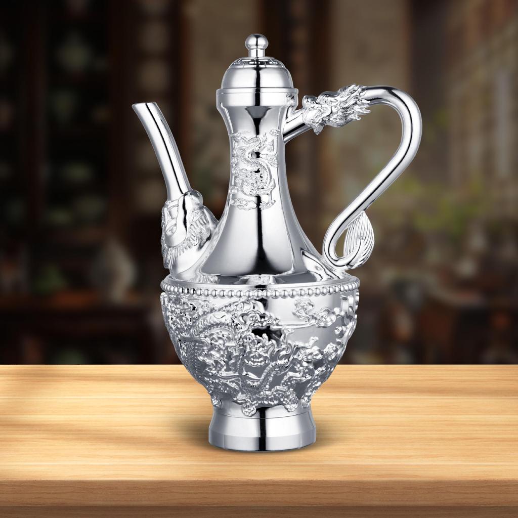 Dragon & Phoenix Wine Set: Silver Pot, Silver-Plated & Gold-Plated Cups, Five-Piece Set in Leather Box.