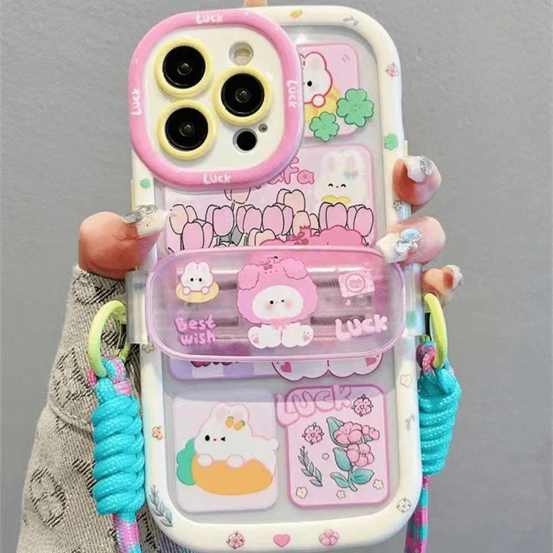 2pcs Cream‑Shell Phone Case Set with Back Clip & Lanyard for iPhone Series, Women‑Exclusive