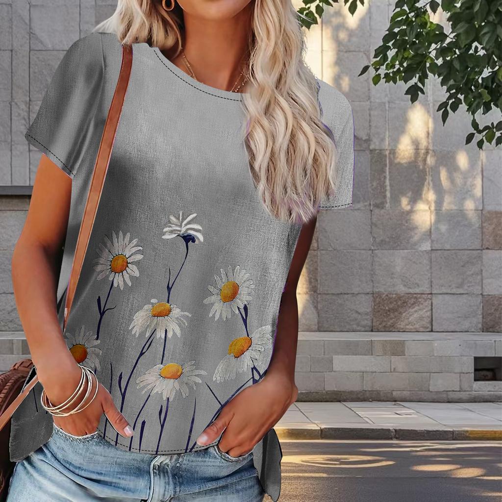 Women Summer T Shirt Little Daisy Print Retro Fashion Short Sleeve Tees Casual   Printed  Tops