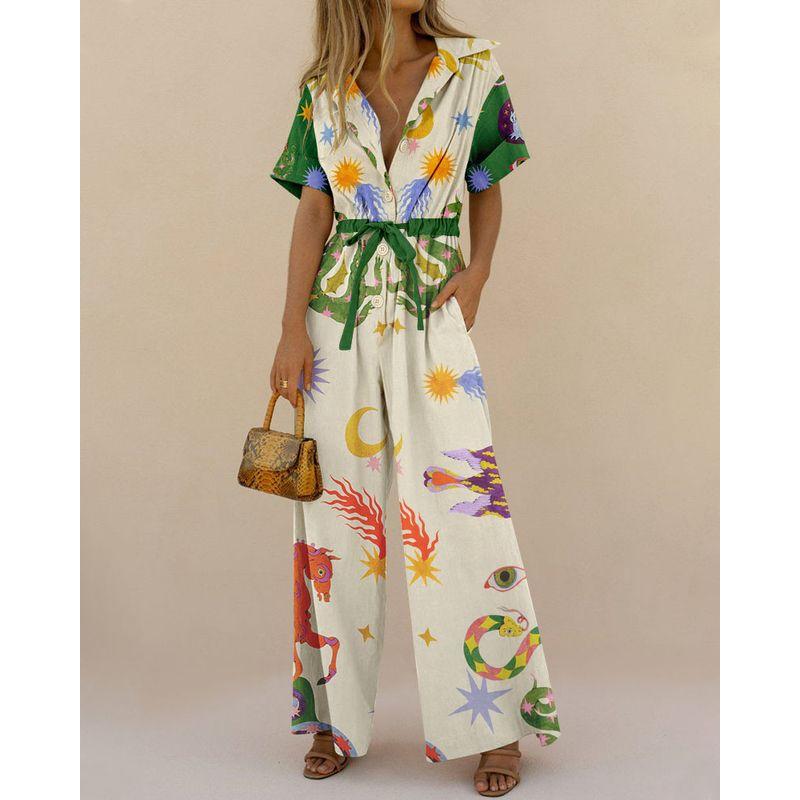 

Cross-Border Independent Station Fashion Print High Waist Cotton Trousers White S