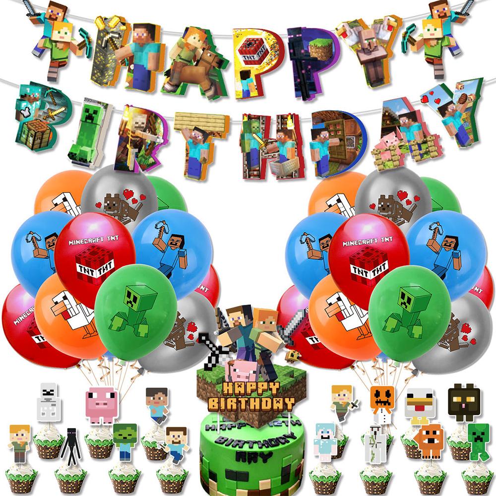 

39x Miner Birthday Party Supplies Pixel Theme Include Cake Topper Banner Balloon