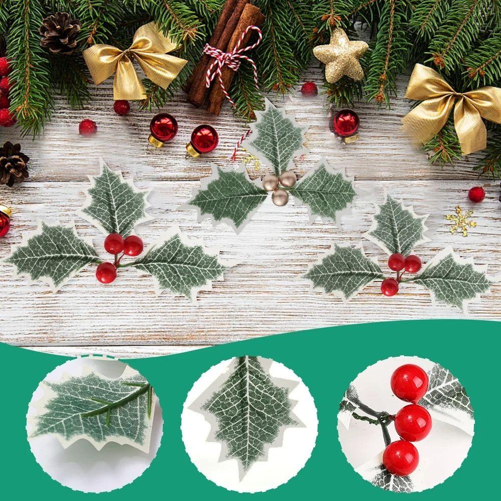 20pcs DIY Christmas Holly Leaves Plastic Fake Flowers Red Berries Flower with Green Leaves Artificial Wreath Ornaments