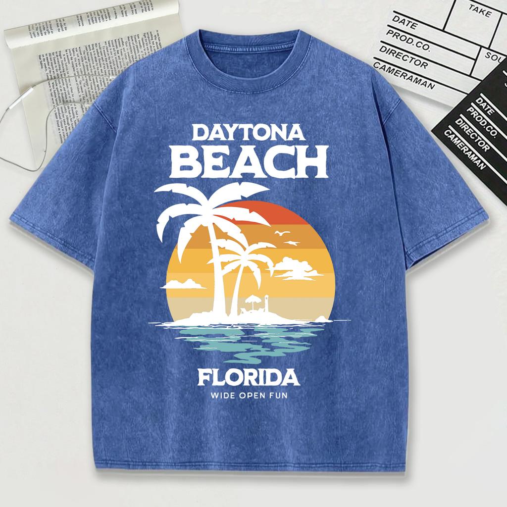 Daytona Beach Florida Wide Open Fun Print Snow Wash Mens T-Shirt O-Neck Tee Soft Cotton Top Trendy Unisex Short Sleeve