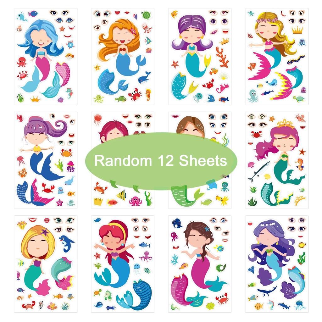 12Sheets Children DIY Puzzle Sticker Games 12 Animals Face Funny Assemble Jigsaw Stickers Kids Educational Toys Boys Girls Gifts