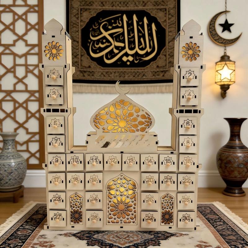 Wood Eid Advent Calendar with LED Light and 30 Drawer Countdown Calendar for Ramadans Table and Home Party Decorations