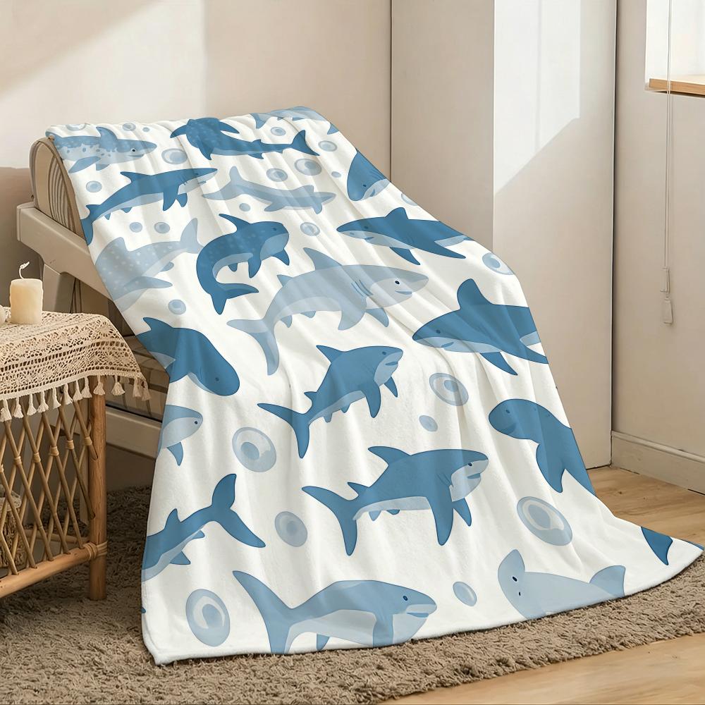 1pc Shark Print Throw Lightweight 240g Flannel Blanket Soft Skin-friendly for Summer Cooling