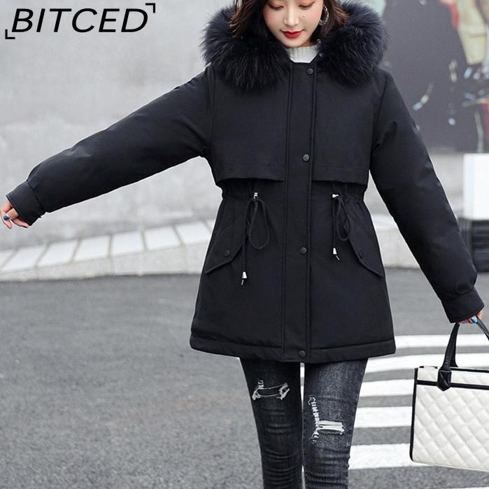 BITCED Women's Winter Mid-Length Cotton Coat with Fleece Lining, Large Fur Collar, Plus Size, Short Waist-Defining Jacket