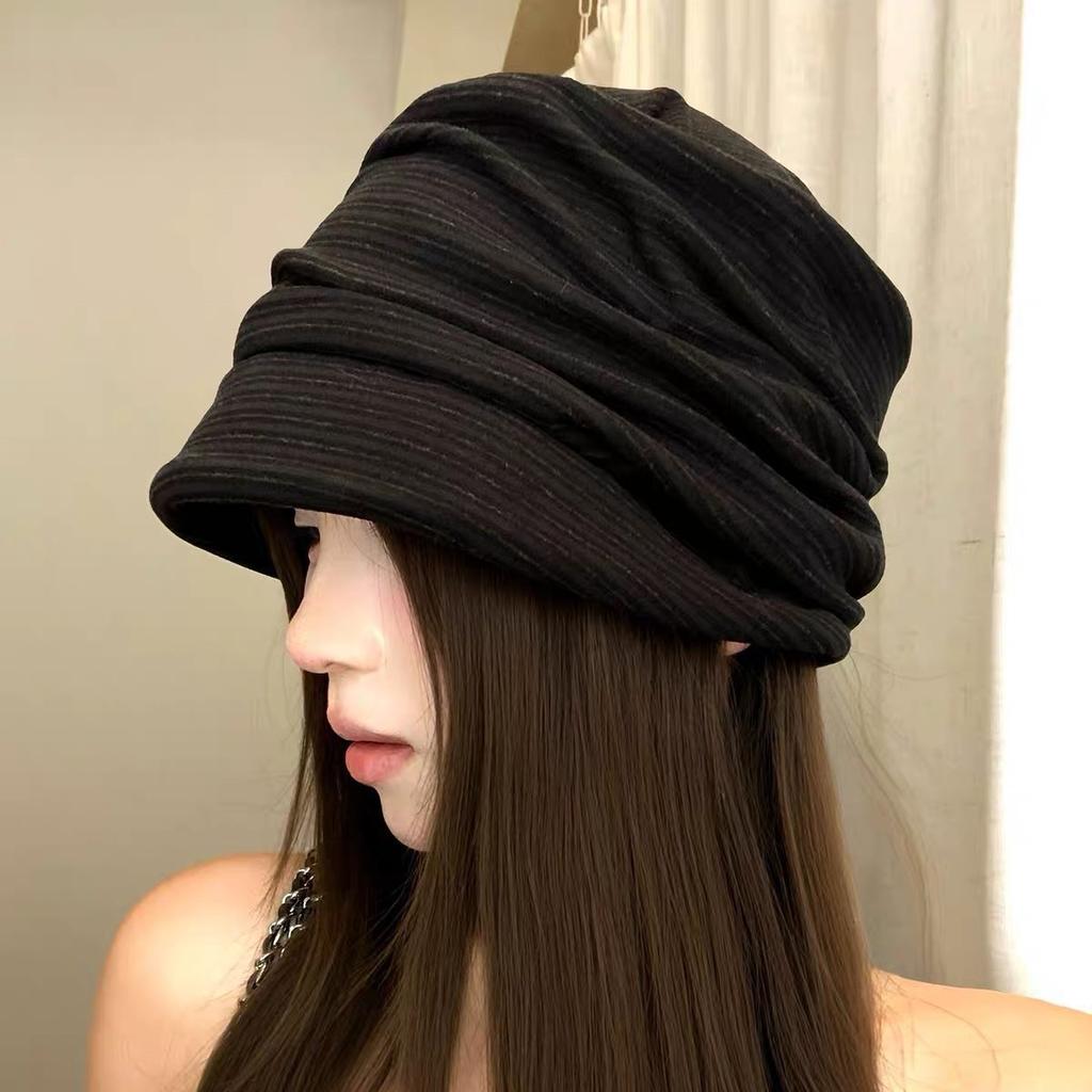 Japanese Yamamoto Style Pleated Striped Stack Hat Early Autumn Knitted Hat Street Fashionable Plain Face Small Pullover Hat