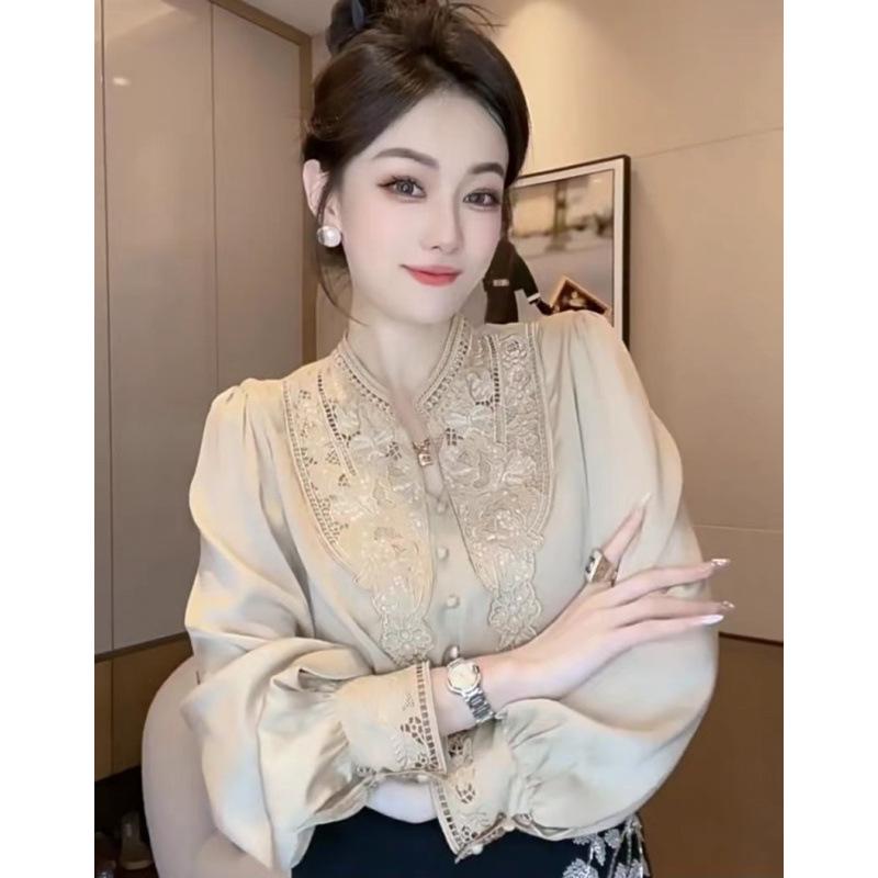 2025 Spring/Summer Women s Lantern Sleeve Pullover Shirt Large абрикосовый