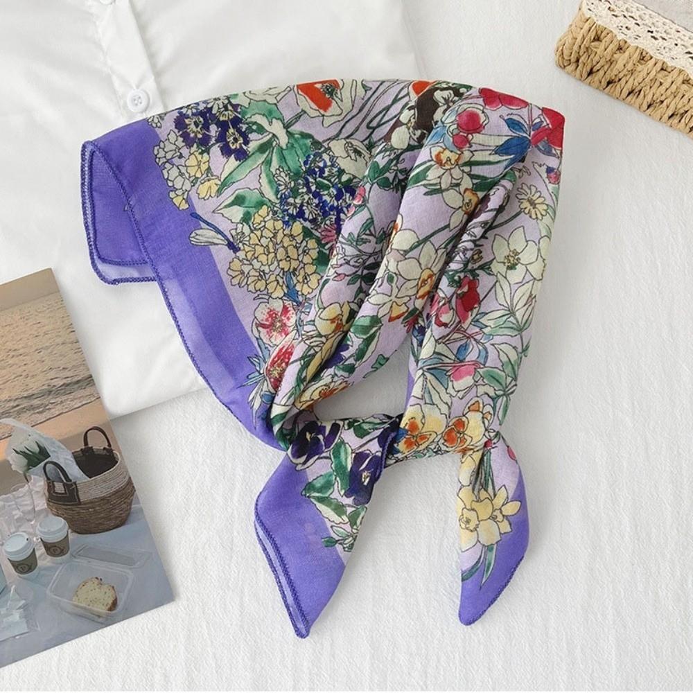Pastoral Style Cotton Linen Square Scarf Square Scarf Hair Band Elegant Floral Kerchief  Women