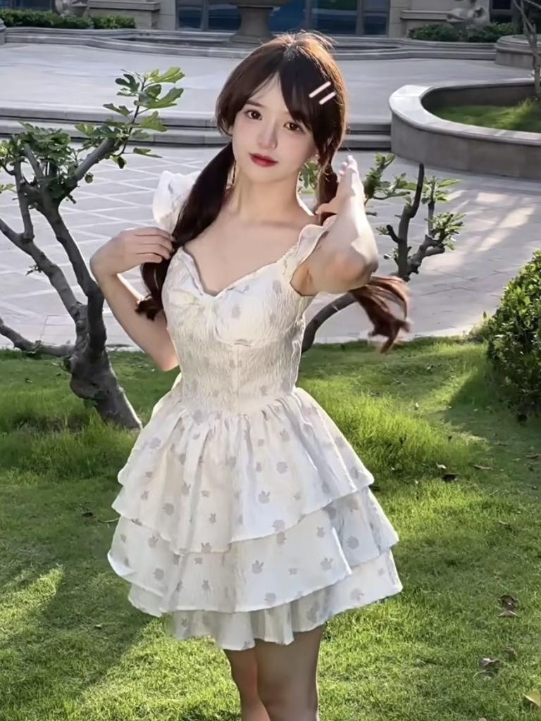 Academy style sweet and fresh small flying sleeve dress female student summer new waist first love floral dress