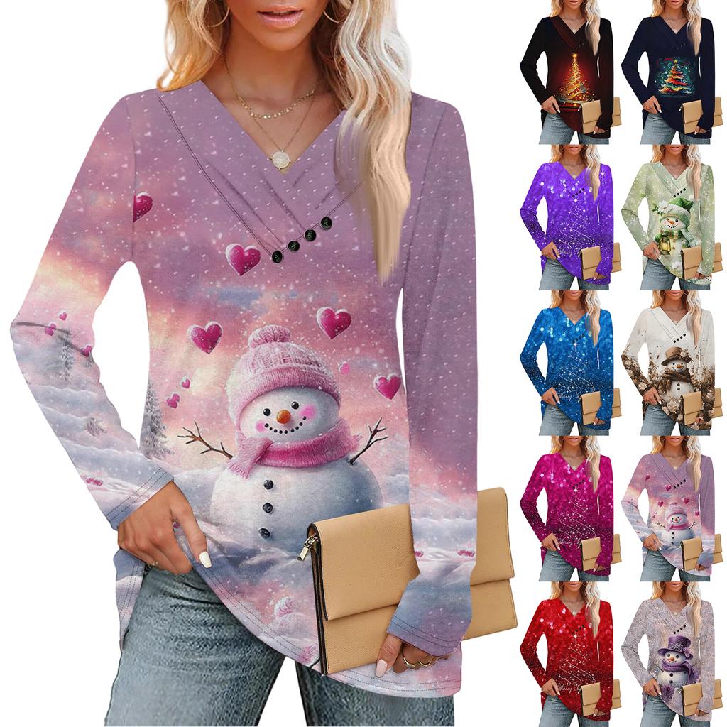 Dámský módní ležérní top s véčkovým výstřihem, plisovaný, vánoční, s dlouhým rukávem