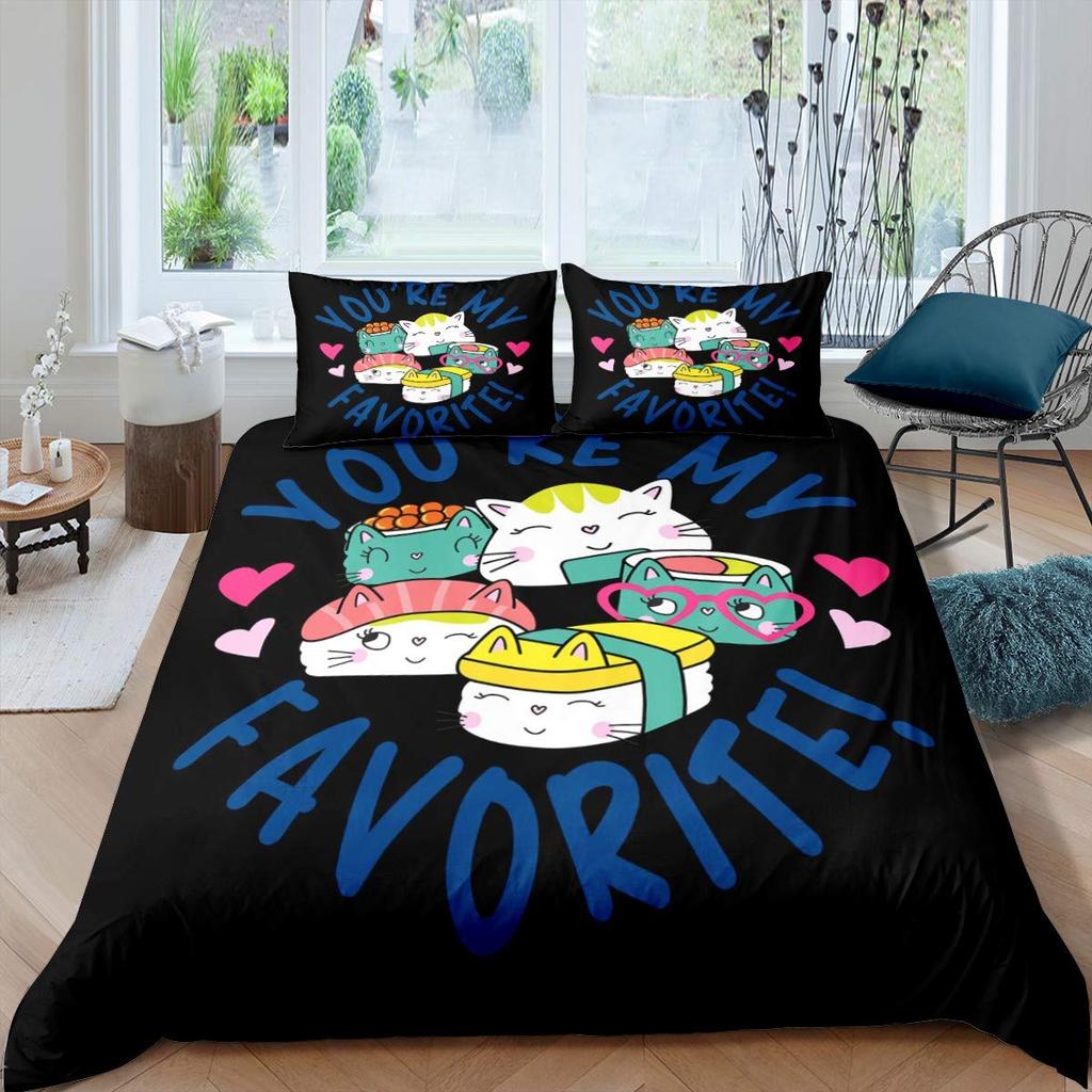 Japan Sushi King Queen Duvet Cover Marine Life Bedding Set Cartoon Japanese Food Quilt Cover Colorful Polyester Comforter Cover