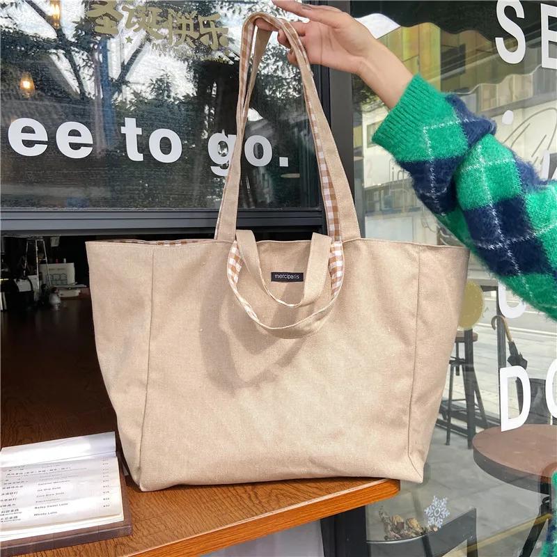 Einfache karierte Damen-Doppelseiten-Schultertasche Studentin Weiblich Lässige Tragetaschen Große Kapazität Damen Öko Wiederverwendbare Einkaufstaschen
