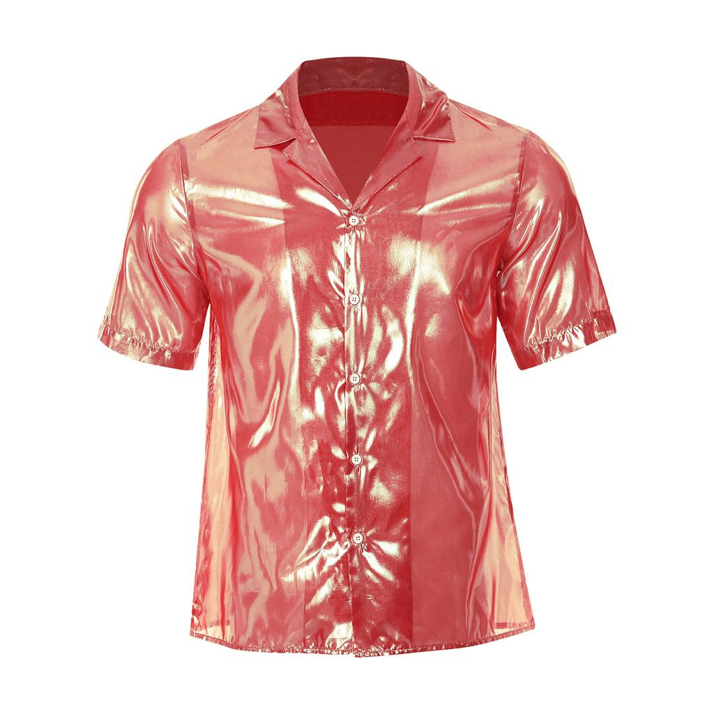 Mens See Through Shirt Turn Down Collar Short Sleeve Water Ripple Shine Beachwear Clubwear Top
